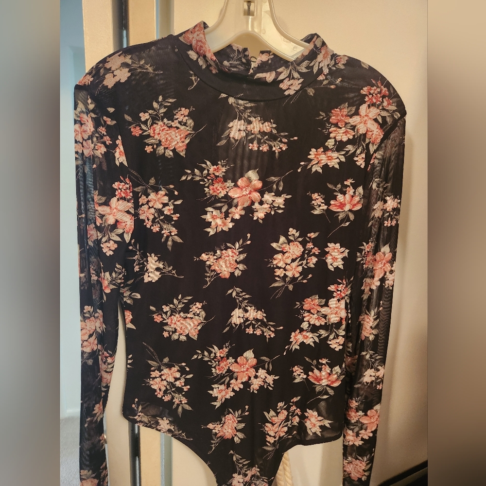 Derek Heart Sheer Black and Pink Floral  Bodysuit Snap Bottom Large